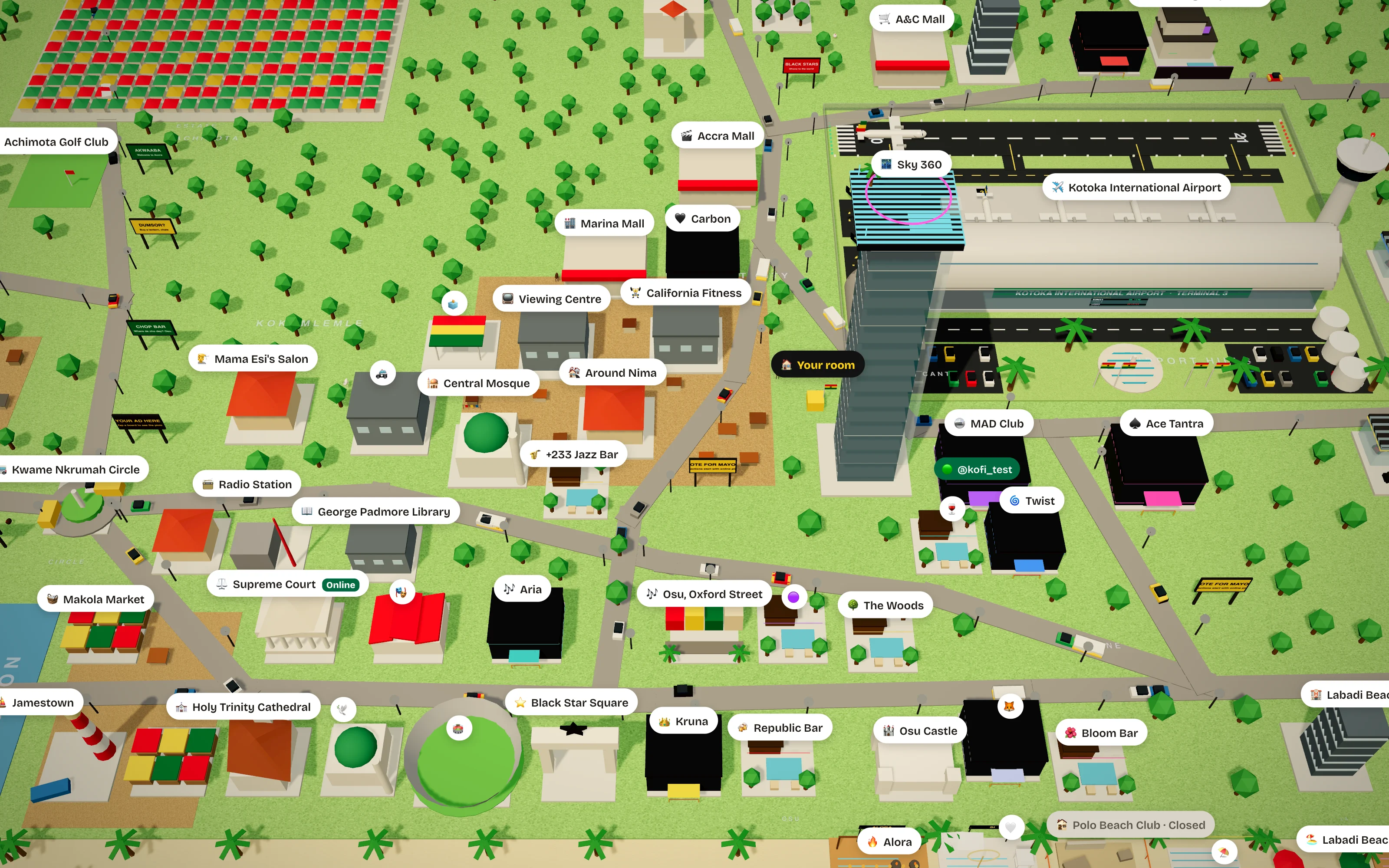 The Accra Life 3D map of Accra with Osu, Cantonments, East Legon and Kotoka Airport