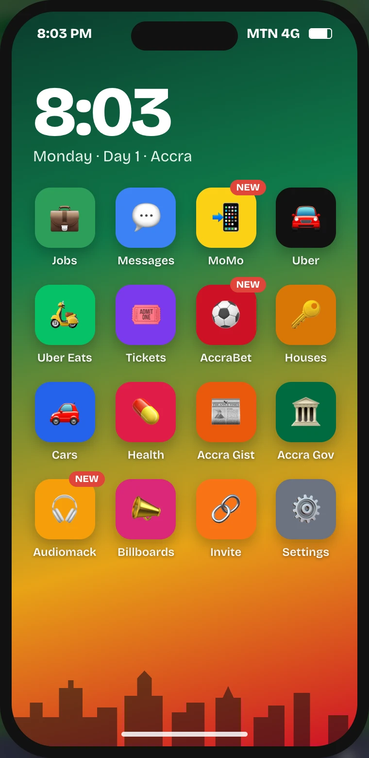 The Accra Life phone with Uber, MoMo, AccraBet and Messages apps