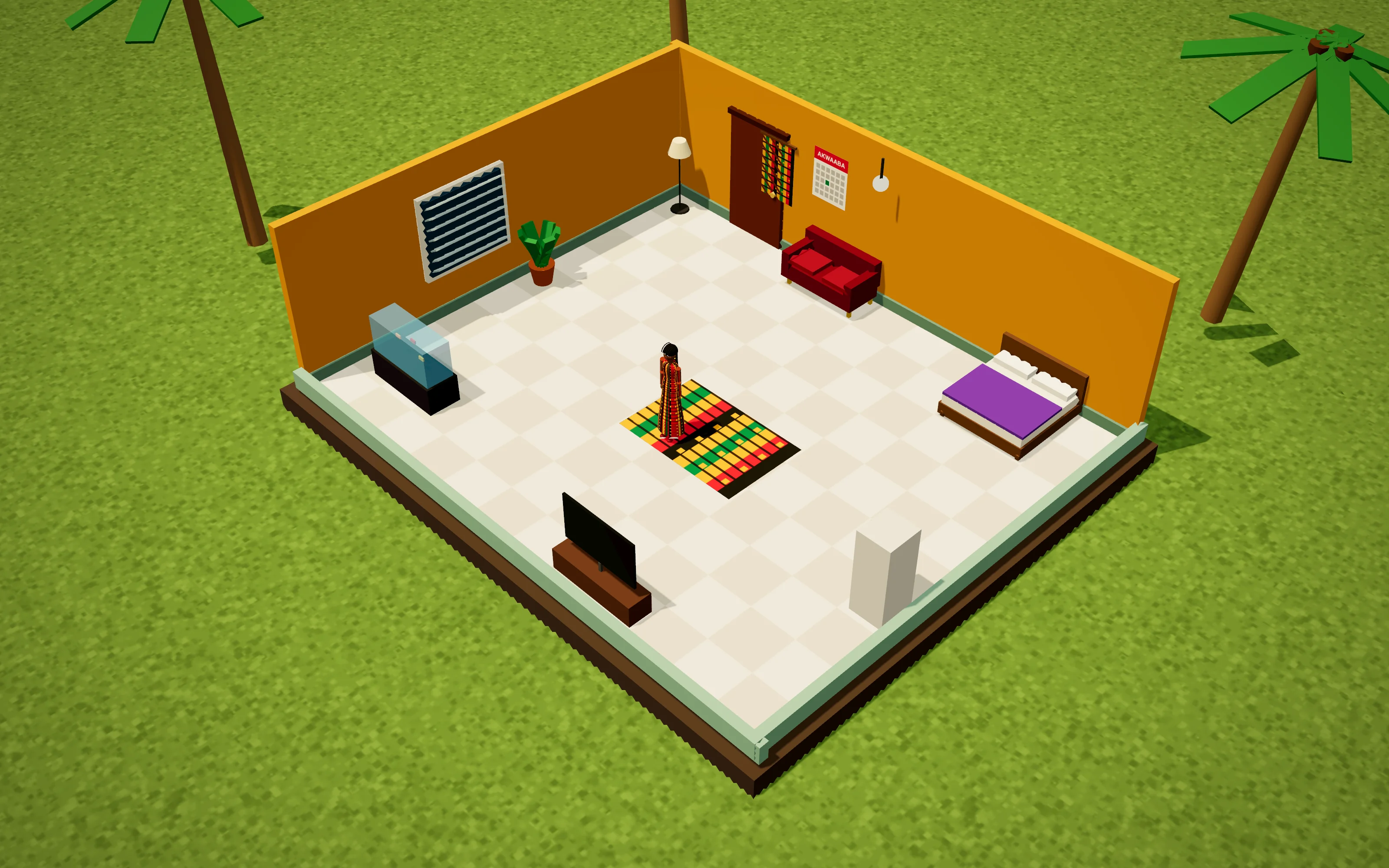 A decorated room in Accra Life with a king bed, gold sofa and kente rug